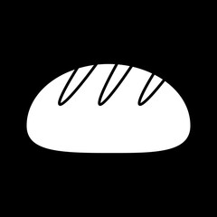 Bread dark mode glyph icon. Bun loaf. Homemade baked goods. Bakery food. Carbohydrate source. Grocery product and foodstuf. White silhouette symbol on black space. Vector isolated illustration