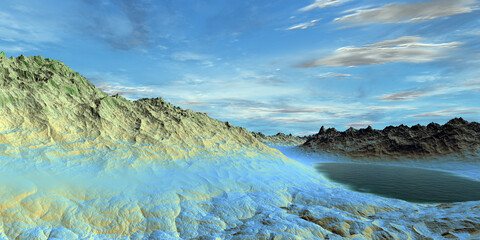 Alien Planet. Mountain and lake. 3D rendering