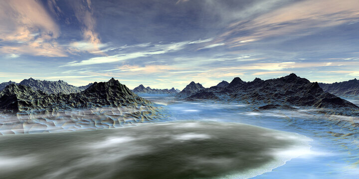 Alien Planet. Mountain and lake. 3D rendering