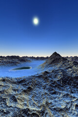 Alien Planet. Mountain and lake. 3D rendering