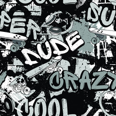 Abstract seamless grunge urban pattern with radio tape recorder, headphones, text Make some noise drawing in graffiti style. For boys. For textile, sport wear, graphic tees and more © SokolArtStudio