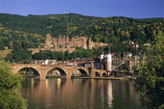 Castle, Neckar River And Alte Bridge, Heidelberg, Baden Wurttemberg, Germany, Europe