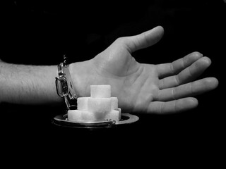 Handcuffed man is addicted to sugar and cocaine, sugar is more addictive than cocaine, white sugar cube and cocaine drug powder pile are linked with handcuffed addicted man hand