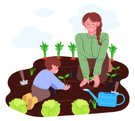 Fototapeta na wymiar Mother and child are planting vegetable seedlings in their garden. Vector illustrations about nature and eco-friendly life.