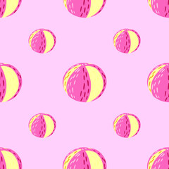 Bright summer seamless pattern with pink and yellow colored beach balls elements. Pastel background.