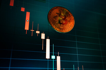 Bitcoin cryptocurrency coin on the background of the exchange chart - 417846575