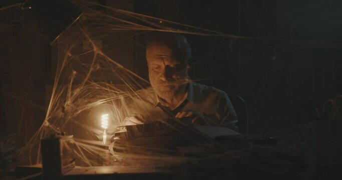 Businessman searching for old files in his abadoned office