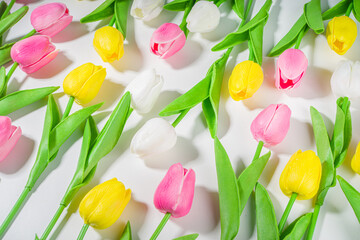 Easter Background Tulips Bouquet, Big Colorful Tulip Flower Bouquet on white table background top view copy space for text