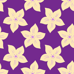 Contrast seamless doodle pattern with yellow light tropic flowers ornament. Purple bright background.