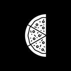 Half of pizza dark mode glyph icon. Slices for eating. Fast food delivery. Eating unhealthy dinner. Meal for dining. White silhouette symbol on black space. Vector isolated illustration