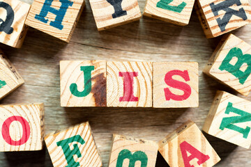 Alphabet letter block in word JIS (abbreviation of Just in sequence) with another on wood background