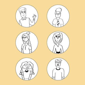set of business icons. Set different person portrait. Vector hand drawn cartoon female and male characters illustration of facial expression