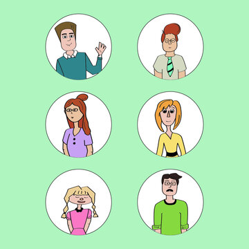 set of people. Set different person portrait. Men and women peeping, staring, smiling cartoon characters collection. vector