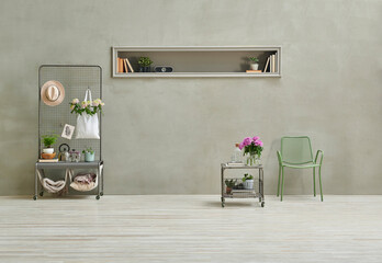 Grey stone wall concept, home decoration, metal shelf, flower in the bag, metal middle table and niche.