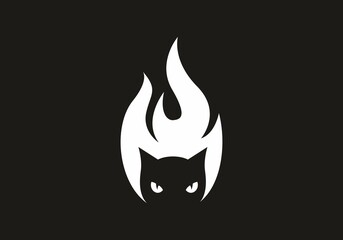 Black and white cat head with flame