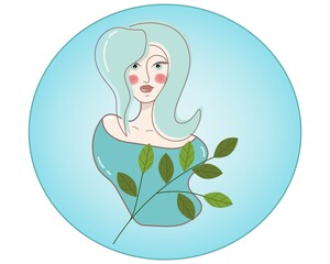 Stylish woman portrait in frame, Icon button with a picture of a girl. Emblem. Vector illustration in blue tones.