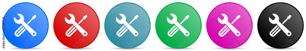 Aufkleber Tools vector icons, set of circle gradient buttons in 6 colors options for webdesign and mobile applications