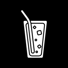 Cold drink dark mode glyph icon. Iced soda in glass with straw. Fizzy cocktail. Soft drink for summer refreshment. White silhouette symbol on black space. Vector isolated illustration