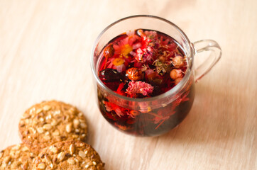 Homemade biscuits and a cup of tea on the table in the morning