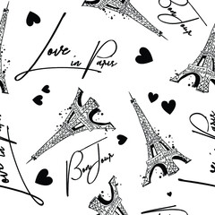 Fashion seamless pattern. Bonjour Paris. pattern with original calligraphic fonts, sketch Eiffel Tower and heart. for  fashion clothes, t shirt, child, wrapping paper. Creative girlish design   © SokolArtStudio