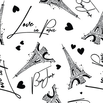 Fashion seamless pattern. Bonjour Paris. pattern with original calligraphic fonts, sketch Eiffel Tower and heart. for  fashion clothes, t shirt, child, wrapping paper. Creative girlish design  