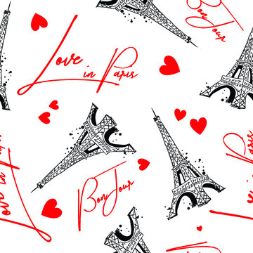 Fashion seamless pattern. Bonjour Paris. pattern with original calligraphic fonts, sketch Eiffel Tower and heart. for  fashion clothes, t shirt, child, wrapping paper. Creative girlish design  