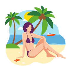 The girl in a bathing suit sits by the sea resting and sunbathing. Flat design. Vector illustration