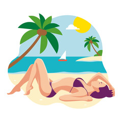The girl in a bathing suit lies on the sand by the sea resting and sunbathing. Flat design. Vector illustration