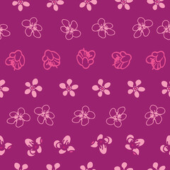 Fototapeta na wymiar Vector purple background magnolia various spring flowers, seamless pattern background