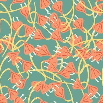 Hand drawn random abstract seamless pattern with pink colored bell flower shapes. Turquoise background.