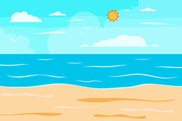 Fototapeta na wymiar Cartoon summer beach, seaside natural vacation, tropical beach, seaside scenery background vector illustration