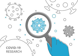 A hand in a medical glove holds a magnifying glass. Finds a new strain of coronavirus