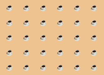 A pattern with an espresso coffee mug on a beige background.