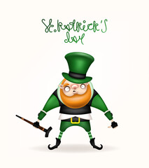Happy St. Patrick's Day! Postcard, flyer, invitation. A character with a red beard. Cartoon funny leprechaun in green hat posing with a cane in his hand. Vector illustration.
