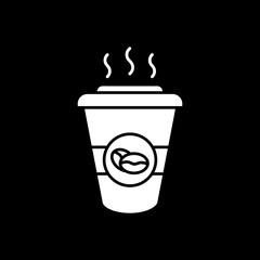 Hot coffee to go dark mode glyph icon. Steaming latte in cup. Americano take out. Mocha take away. Coffeeshop menu item. White silhouette symbol on black space. Vector isolated illustration