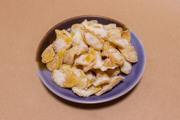 Slices of crystallized ginger, sweet and spicy dessert, healthy korean food.