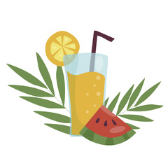 Summer refreshing fruit cocktail. Non-alcoholic drinks in a simple glass glass and straw. Fresh smoothies and slices of fresh fruit against a backdrop of palm leaves. Healthy vegan food. vector flat