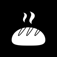 Freshly baked bun dark mode glyph icon. Steaming loaf of bread. Hot meal. Warm bakery product. Grocery product and foodstuff. White silhouette symbol on black space. Vector isolated illustration