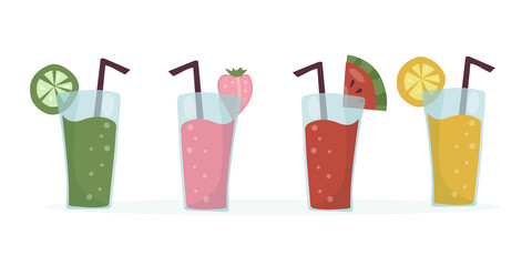 Set of summer refreshing fruit cocktails. Non-alcoholic drinks in a simple glass glass and straw. Smoothie design and fresh fruit slices. Healthy vegan food. vector flat illustration