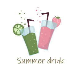 Two summer refreshing fruit cocktails. Non-alcoholic drinks in a simple glass glass and straw. Smoothie design and fresh fruit slices of strawberry and lime. Healthy vegan food. vector flat