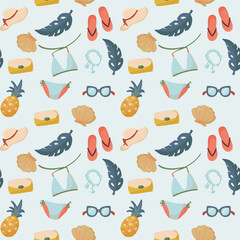 Seamless pattern with summer things and objects. beach accessories with bathing suit, flip flops and sunglasses. pattern for wrapping paper, textile or fabric. Tourism and Travel. Vector