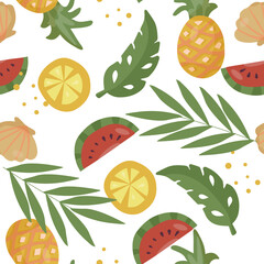 Seamless pattern with tropical fruit and palm leaves. Watermelon and orange slices, pineapple. Vector illustration for wrapping paper, textile design