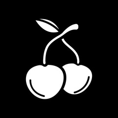 Cherries dark mode glyph icon. Fresh fruit. Product for nutrient. Food with vitamins. Recipe ingredient. Grocery and foodstuff. White silhouette symbol on black space. Vector isolated illustration
