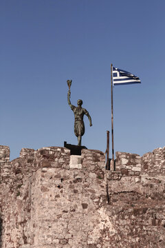 Statue of Cervantes at the old Venetian port in Nafpaktos (Lepanto).