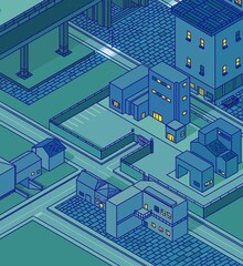 Illustration of city isometric building at night blue violet color