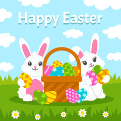 Happy Easter. Cute white bunnies are holding Easter eggs. Beautiful gift card. Colored flat vector illustration isolated on color background. Cartoon character.