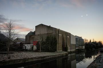 Fototapeta na wymiar Frosty canal landscape at dawn