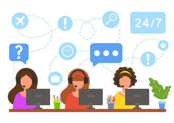 Work in a call center. Online customer service. Helping clients. Concept illustration for support, hotline, telemarketing. Vector in flat style isolated on white background.
