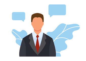 Businessman in a suit. Office work. Customer service. Helping clients. Concept illustration for call center, support, hotline, telemarketing. Vector in flat style.