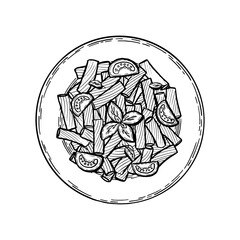 Delicious spaghetti with cherry tomatoes and basil. Hand drawn sketch. Vintage style. Black and white vector illustration isolated on white background.